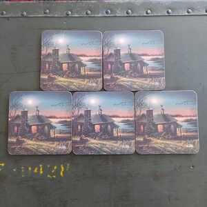 Terry Redlin Evening Solitude Cabin Coasters Set of 5 Cork Backed 4 Inch Square